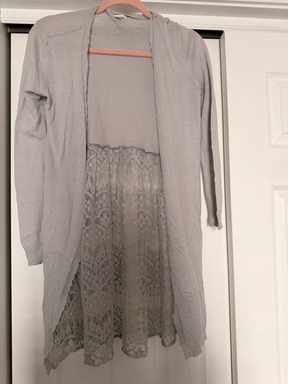 LC Lauren Conrad Light Gray Lace-Back Open Cardigan
